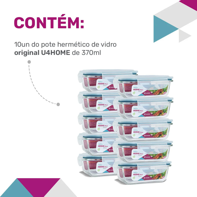 Pote Retangular com Tampa Hermética 370ml - Kit com 10