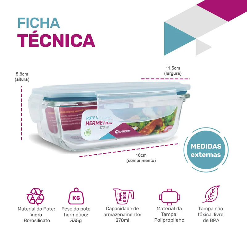 Pote Retangular com Tampa Hermética 370ml - Kit com 10